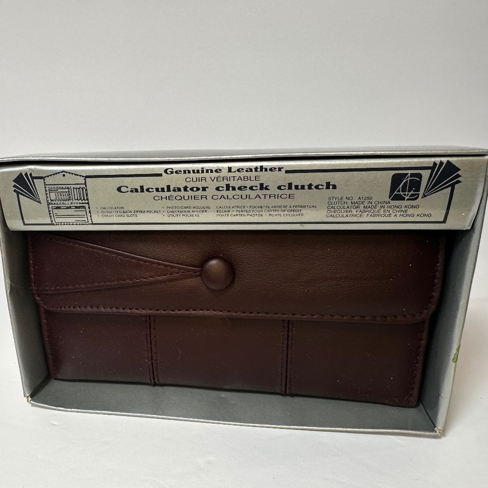 Vintage Genuine Leather Calculator Checkbook Clutch ACI 80s Brown Wallet